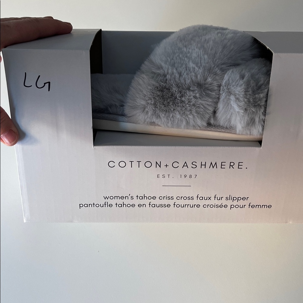 Cotton + Cashmere Gray Faux Fur Slippers